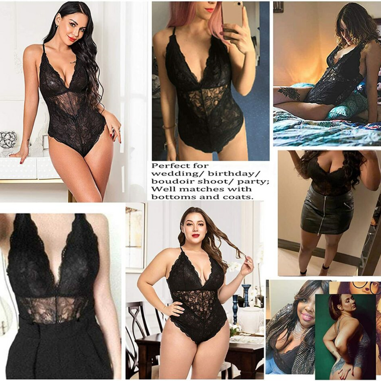 Pleasing Strings Floral Lace V-Neck Bodysuit for Women