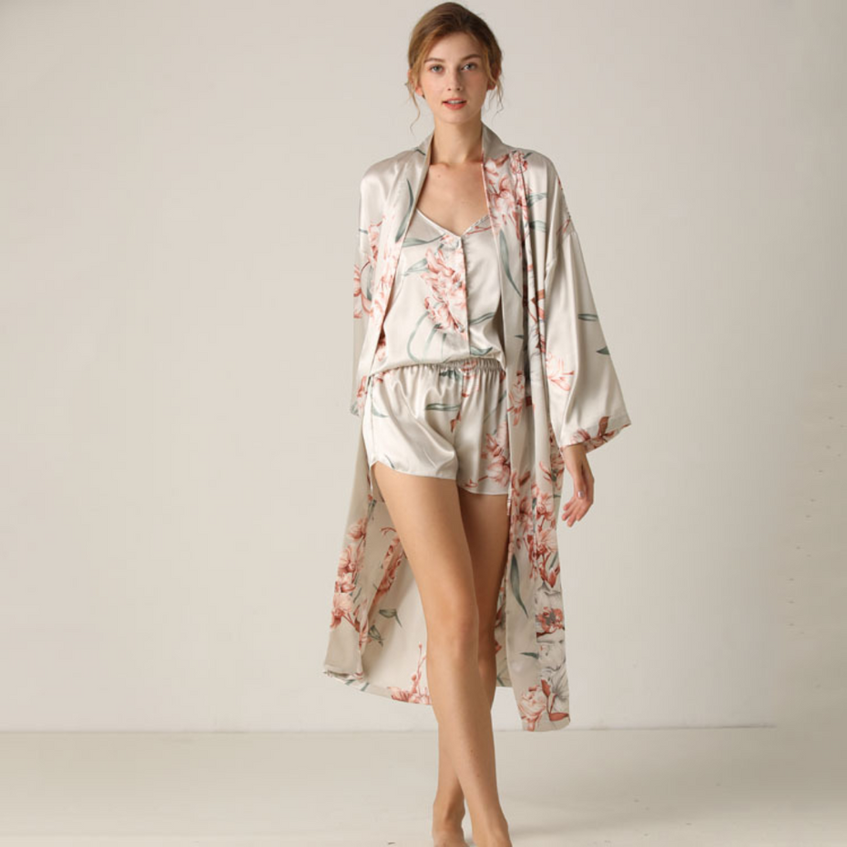 Pleasing Strings Women's 3pcs Silk Satin Floral Print Button Down Cami Top & Shorts with Robe Set