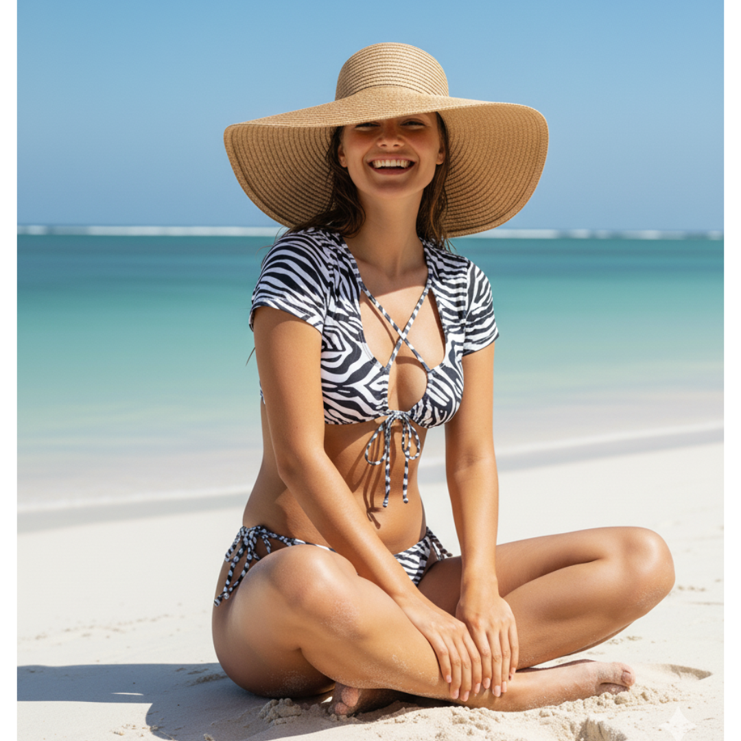 Pleasing Strings Zebra Stripe Side Tie Swimwear Bikini Set