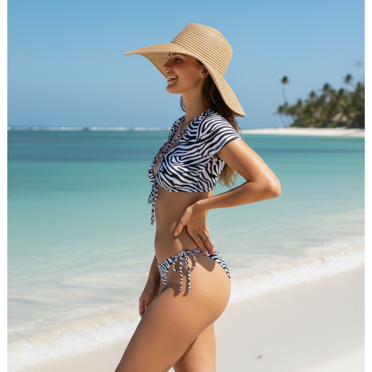 Pleasing Strings Zebra Stripe Side Tie Swimwear Bikini Set