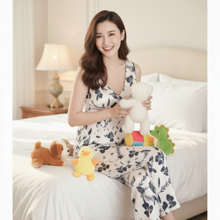 Pleasing Strings Women 3pc Beige Floral V Neck Silk Satin Pj Set