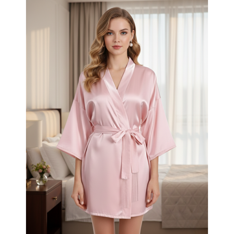Pleasing Strings Women Satin Short Robe with Full Sleeves & Tassel Tie