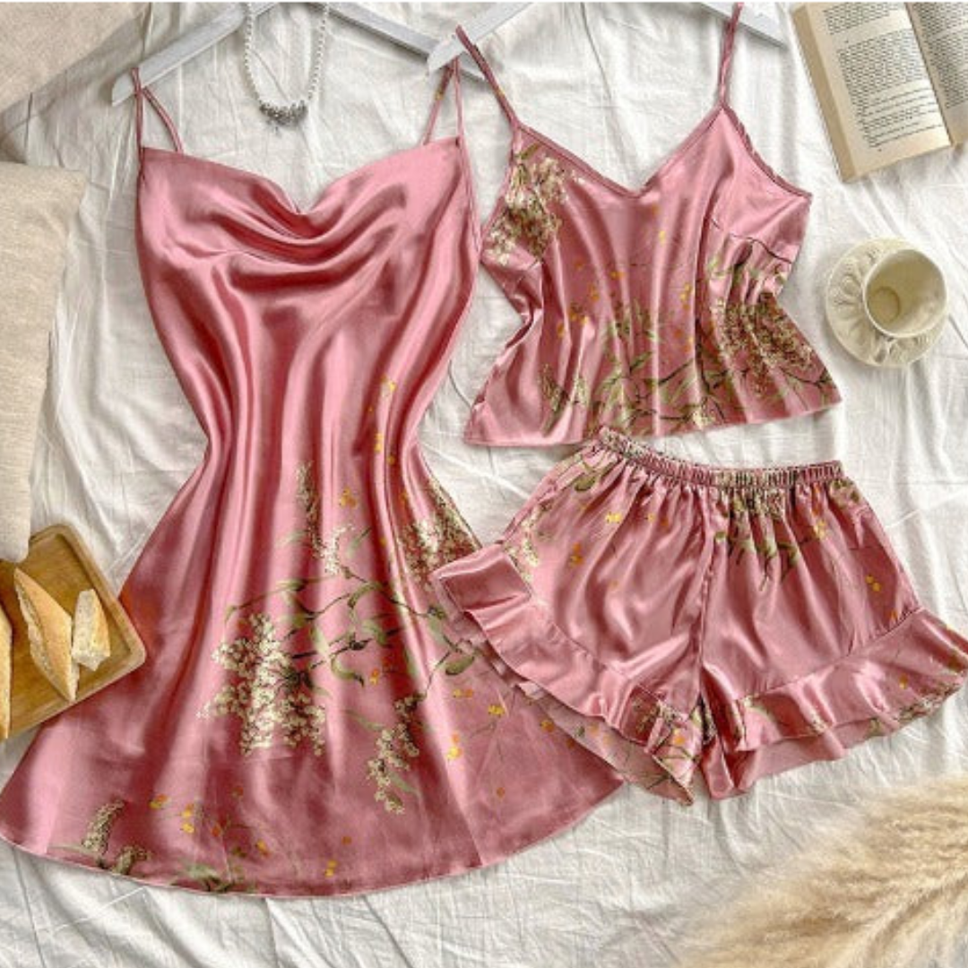 Pleasing Strings Women Satin Floral Printed 3pcs Cami Top Shorts & Gown Set