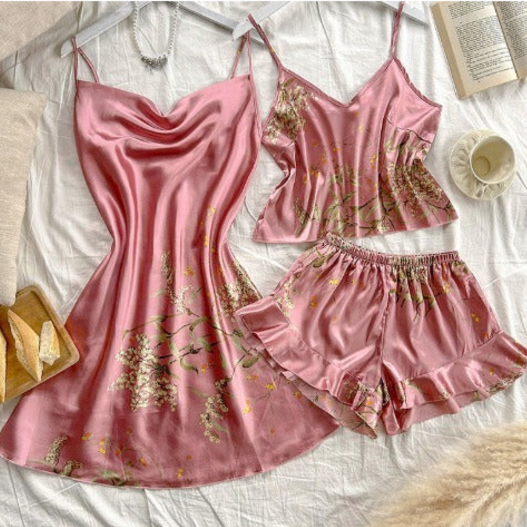 Pleasing Strings Women Satin Floral Printed 3pcs Cami Top Shorts & Gown Set