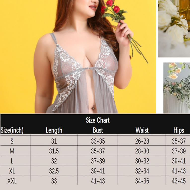 Pleasing Strings Women Lace Lingerie Front Closure Babydoll V Neck Chemise Nightwear