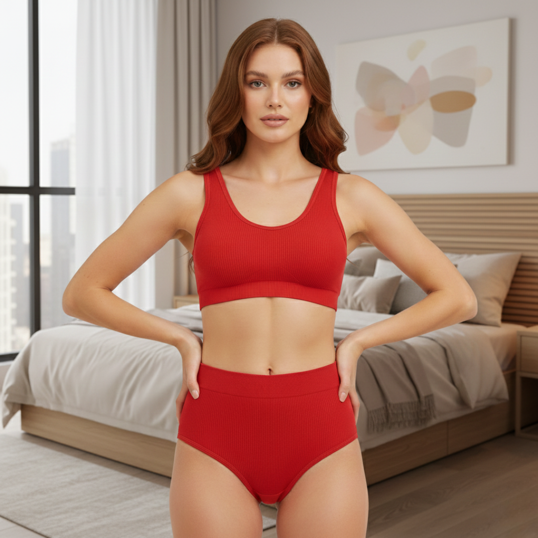 Pleasing Strings Women's Wireless Ribbed Knit Bra & Panty Set