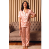Pleasing Strings Women's 2pcs Silk Satin Heart Textured Button Down Shirt Long PJ Set