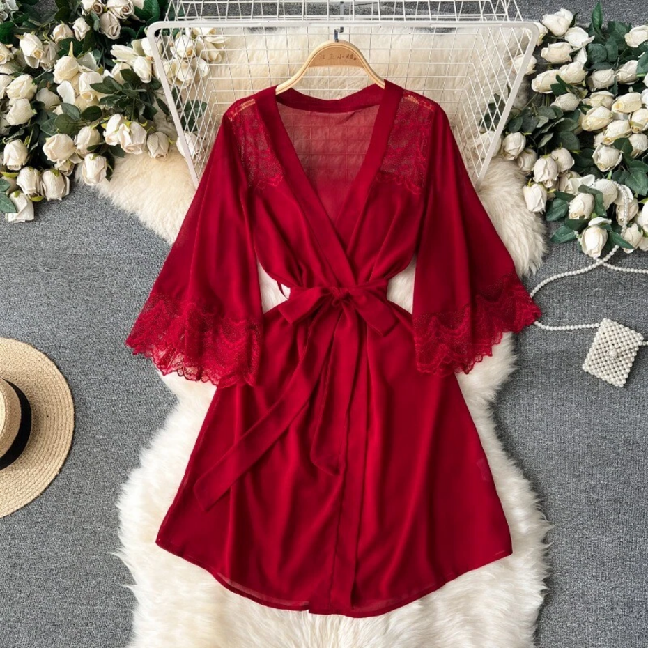 Pleasing Strings Lace Sheer 3/4 Sleeve Belted Robe