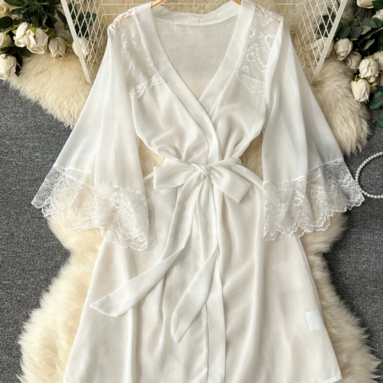 Pleasing Strings Lace Sheer 3/4 Sleeve Belted Robe