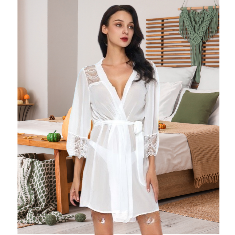 Pleasing Strings Lace Sheer 3/4 Sleeve Belted Robe