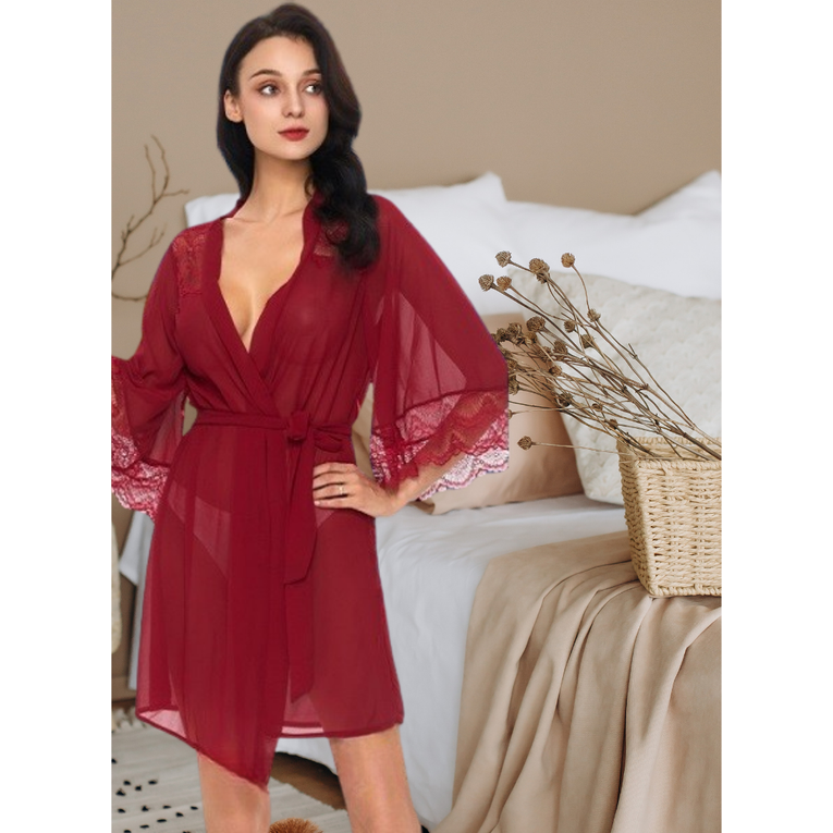 Pleasing Strings Lace Sheer 3/4 Sleeve Belted Robe