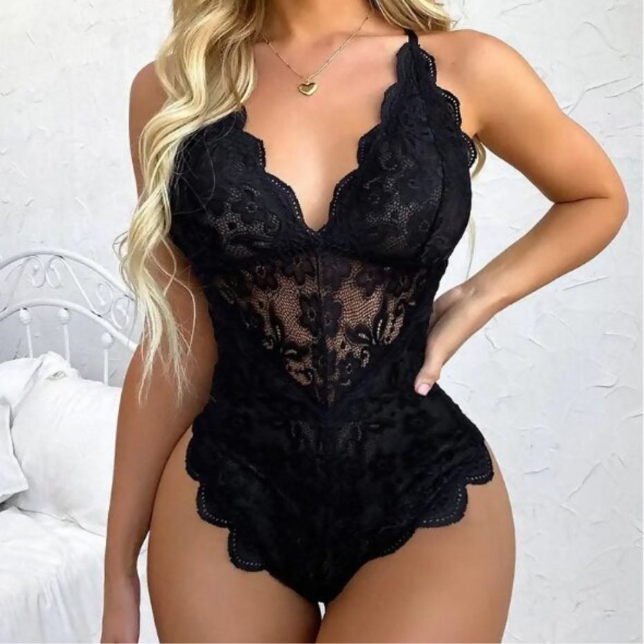Pleasing Strings Floral Lace V-Neck Bodysuit for Women