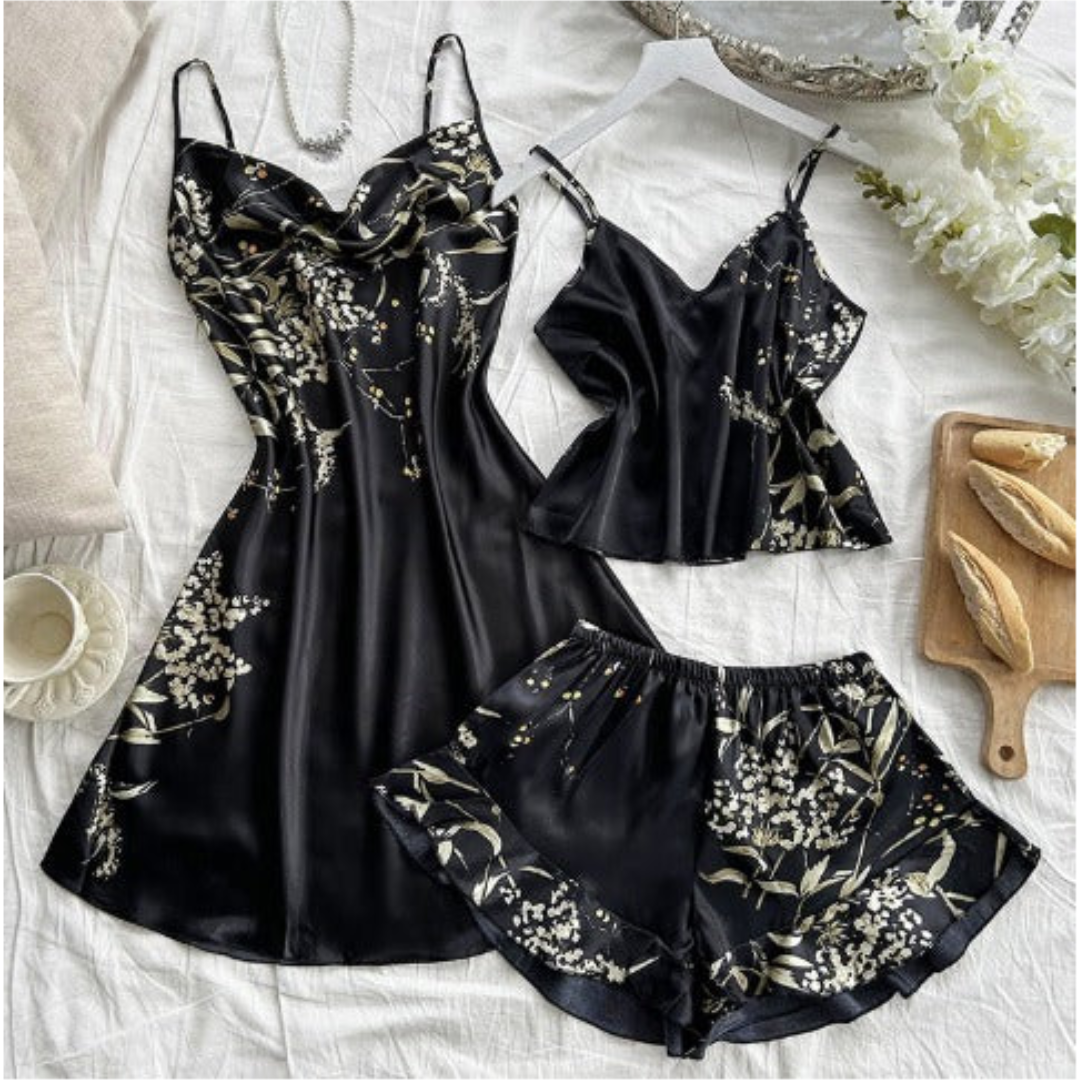 Pleasing Strings Women Satin Floral Printed 3pcs Cami Top Shorts & Gown Set