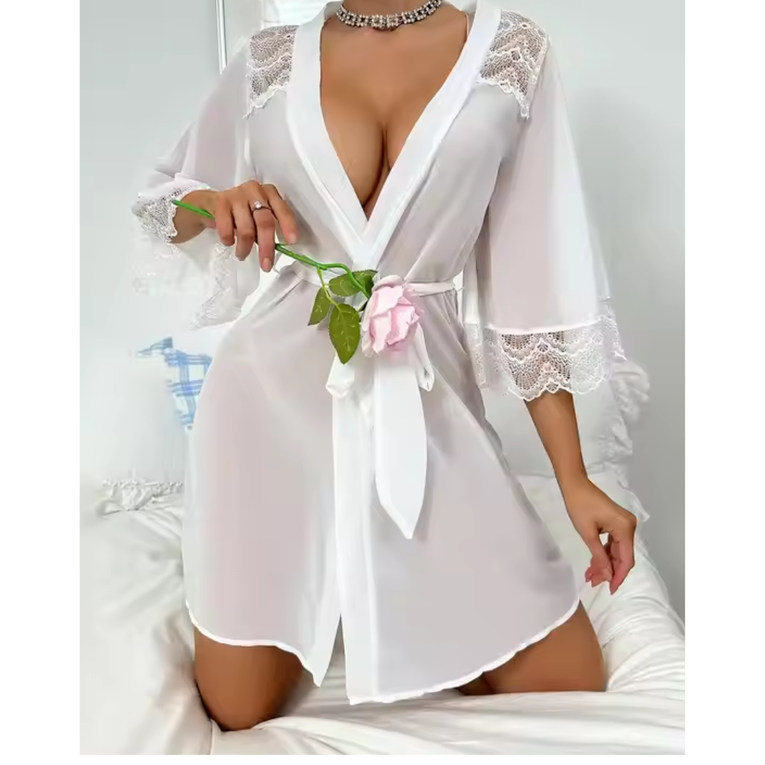 Pleasing Strings Lace Sheer 3/4 Sleeve Belted Robe
