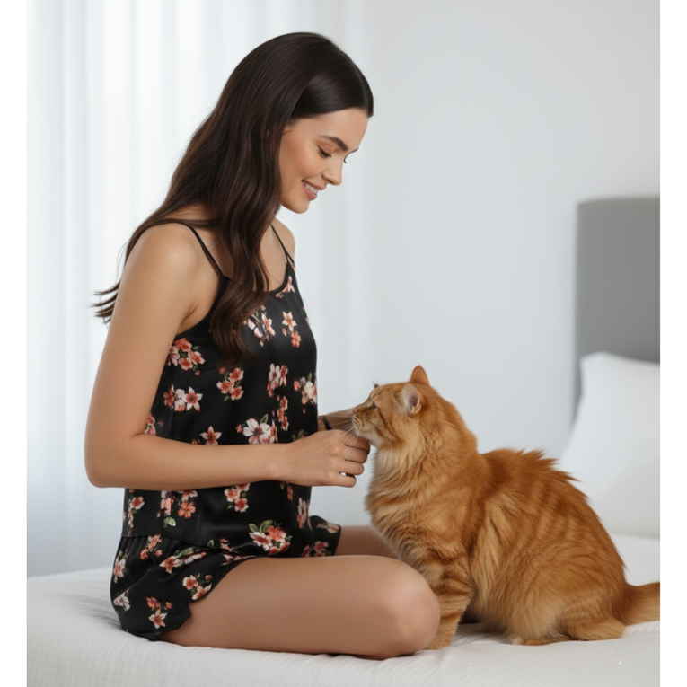 Pleasing Strings Women's Floral Print Satin Cami Top with Shorts Pj Set