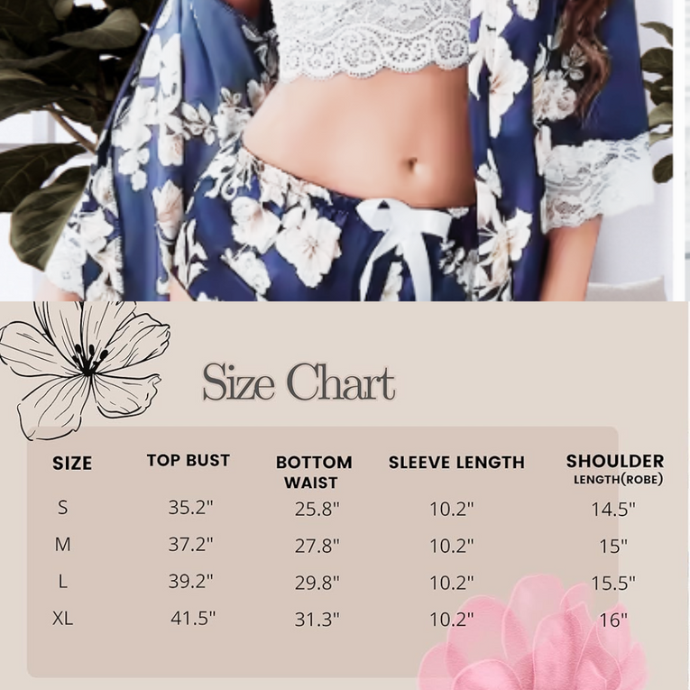 Pleasing Strings Blue Floral Printed Robe with White Lacy Bra & Ruffle Shorts Set for Women
