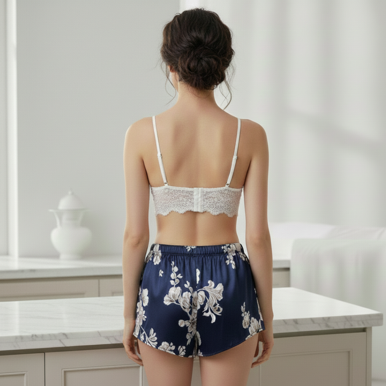 Pleasing Strings Blue Floral Printed Robe with White Lacy Bra & Ruffle Shorts Set for Women