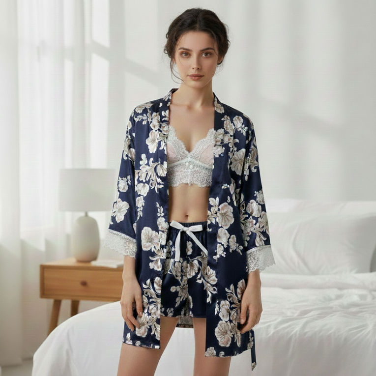 Pleasing Strings Blue Floral Printed Robe with White Lacy Bra & Ruffle Shorts Set for Women