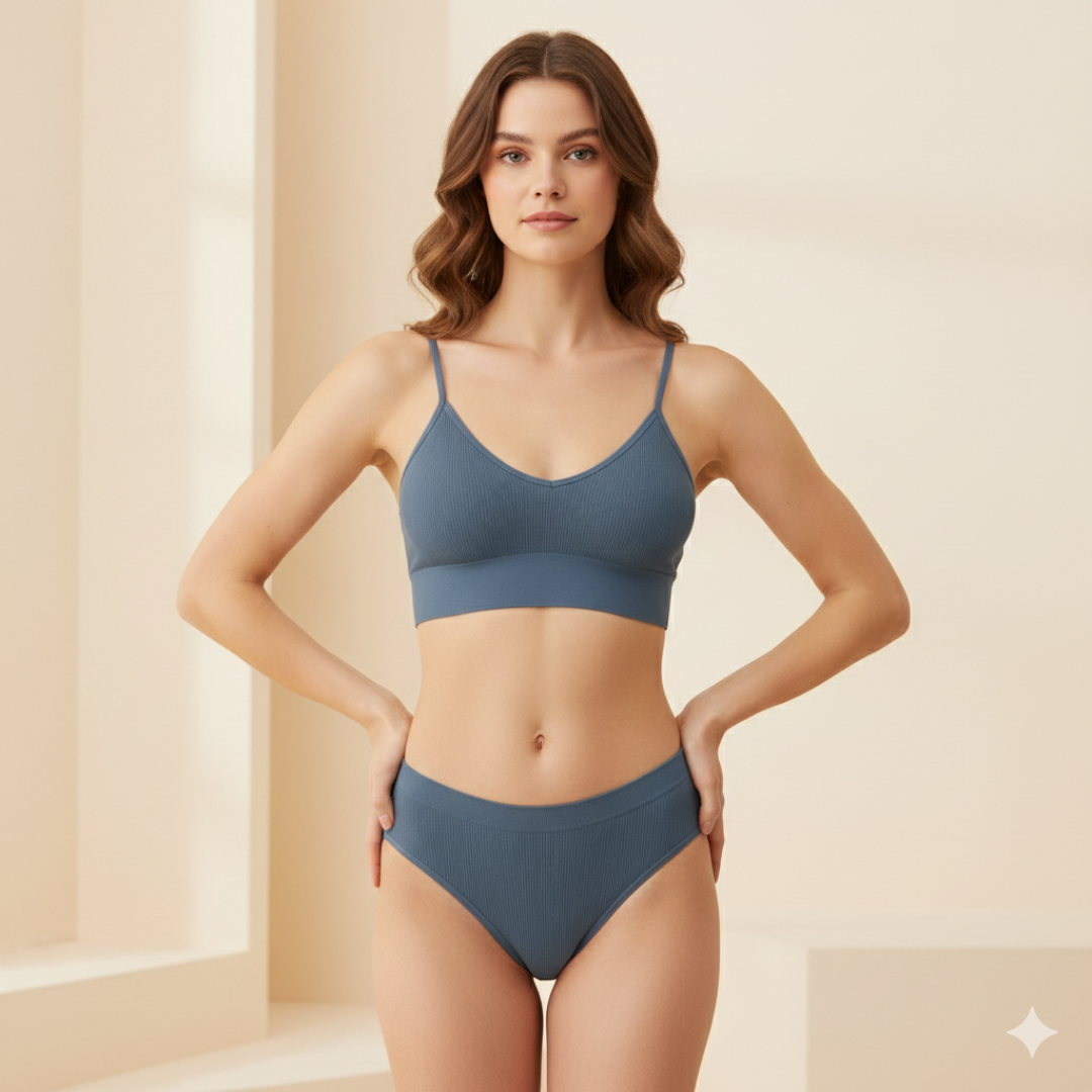 Pleasing Strings Women's Wireless Ribbed Knit Bra & Panty Set