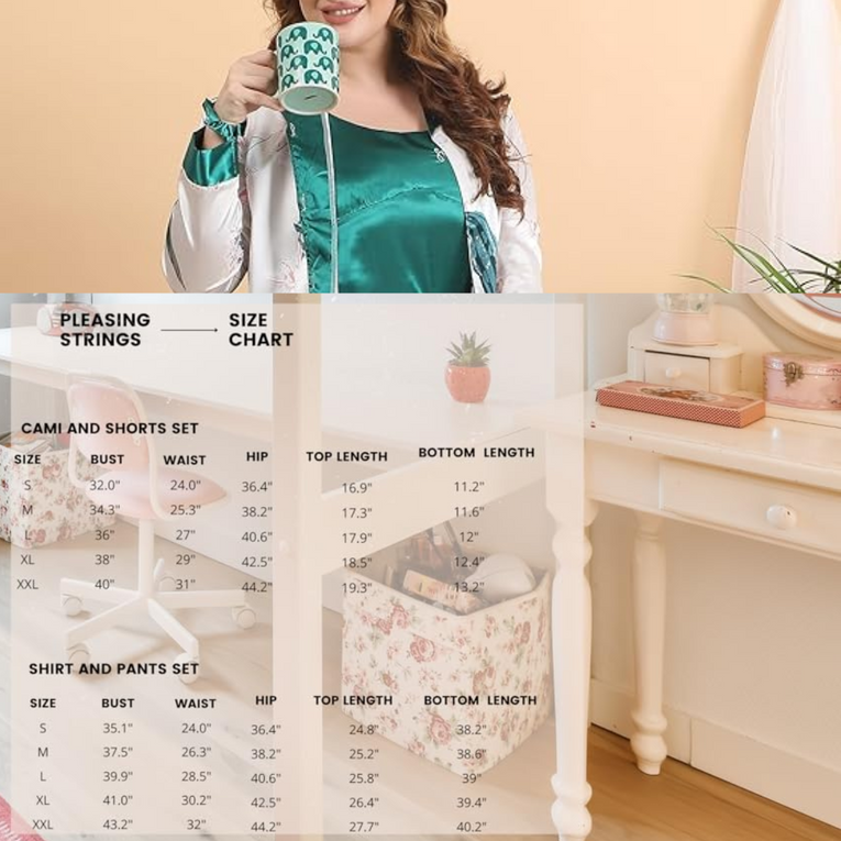 Pleasing Strings Women's Pyjamas Set 7pcs Silk Satin Loungewear Cami Shirt Pj Set
