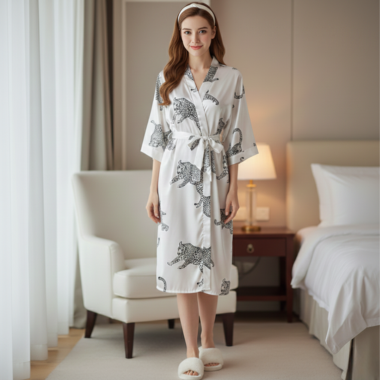 Pleasing Strings Women Silk Satin Leopard Print Robe