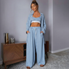 Women Blue Stripe Ease Wide Leg 3-Piece Co-ord Set | Loose Style Co-ord Set