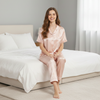 Pleasing Strings Women's 2pcs Silk Satin Heart Textured Button Down Shirt Long PJ Set