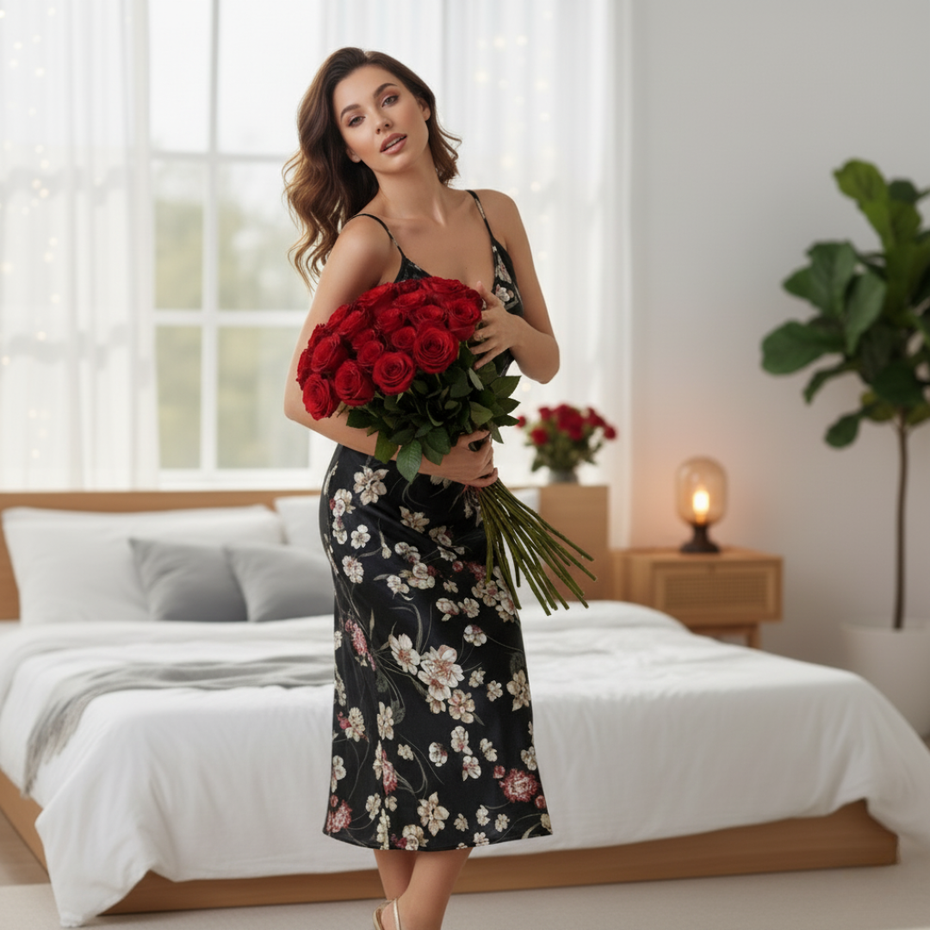 Pleasing Strings Women Silk Satin Floral Print V-Neck Gown