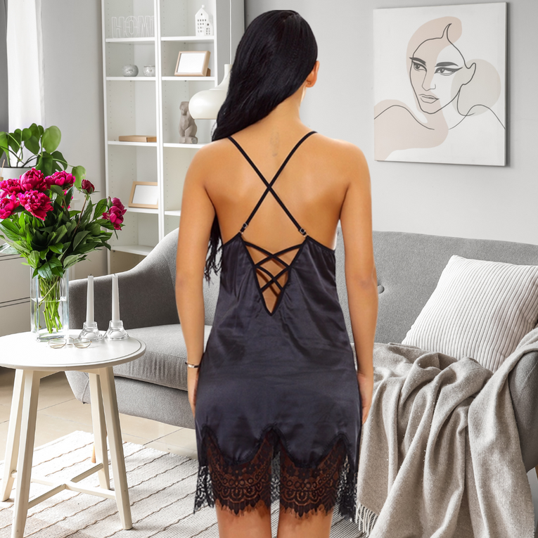Pleasing Strings Women Satin Nightgown Lace Chemise Spaghetti Strap Sleepwear