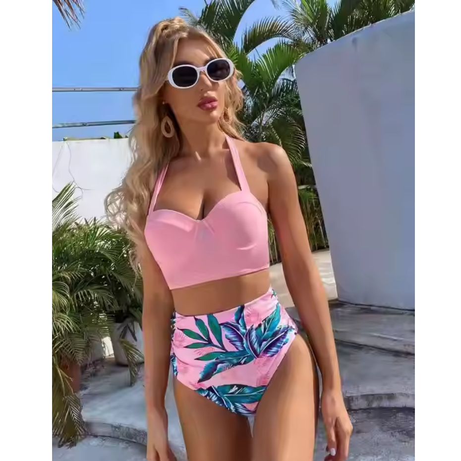 Pleasing Strings Women 2pcs Vintage Swimsuit Halter Neck with Ruched High Waist Bottom