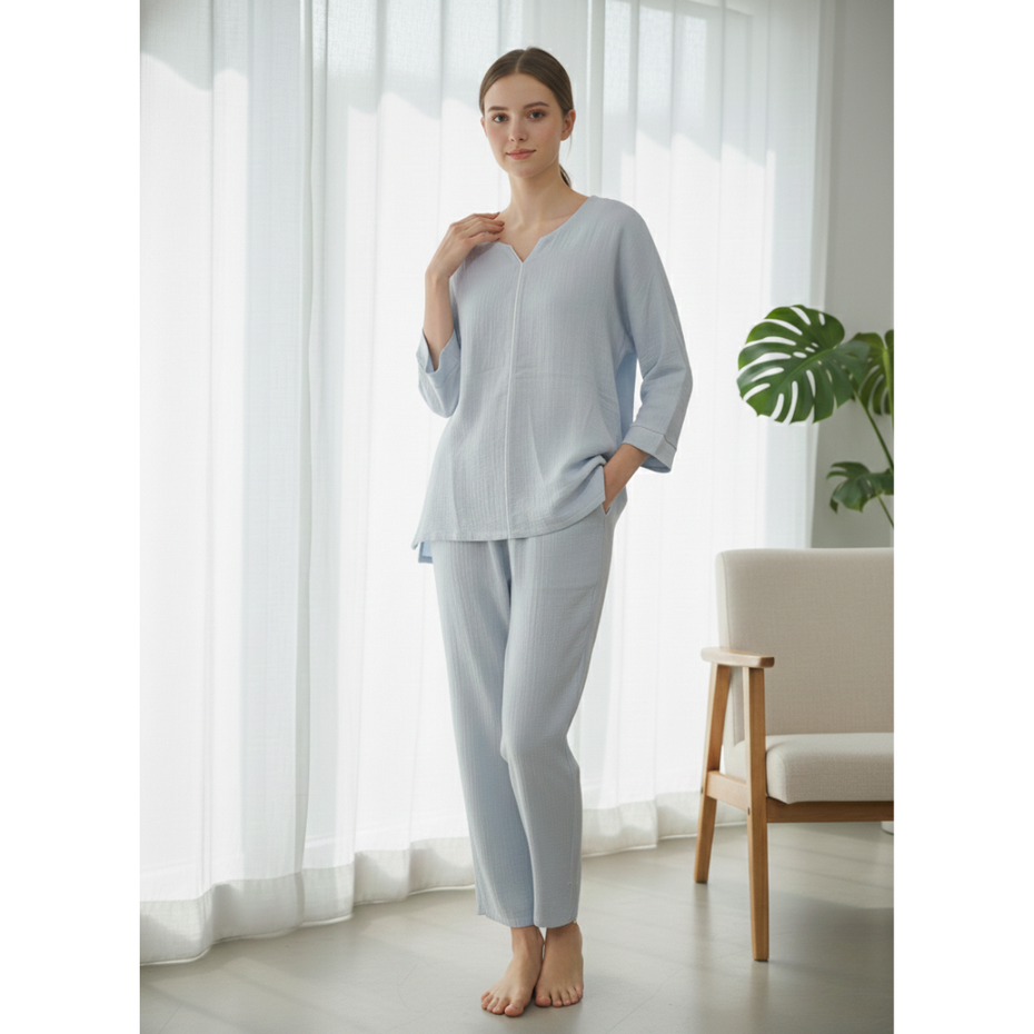 Women Soft Crinkle Cotton 2pc Loungewear Set | Pure Comfort Relaxed Cotton 2-Pc Set
