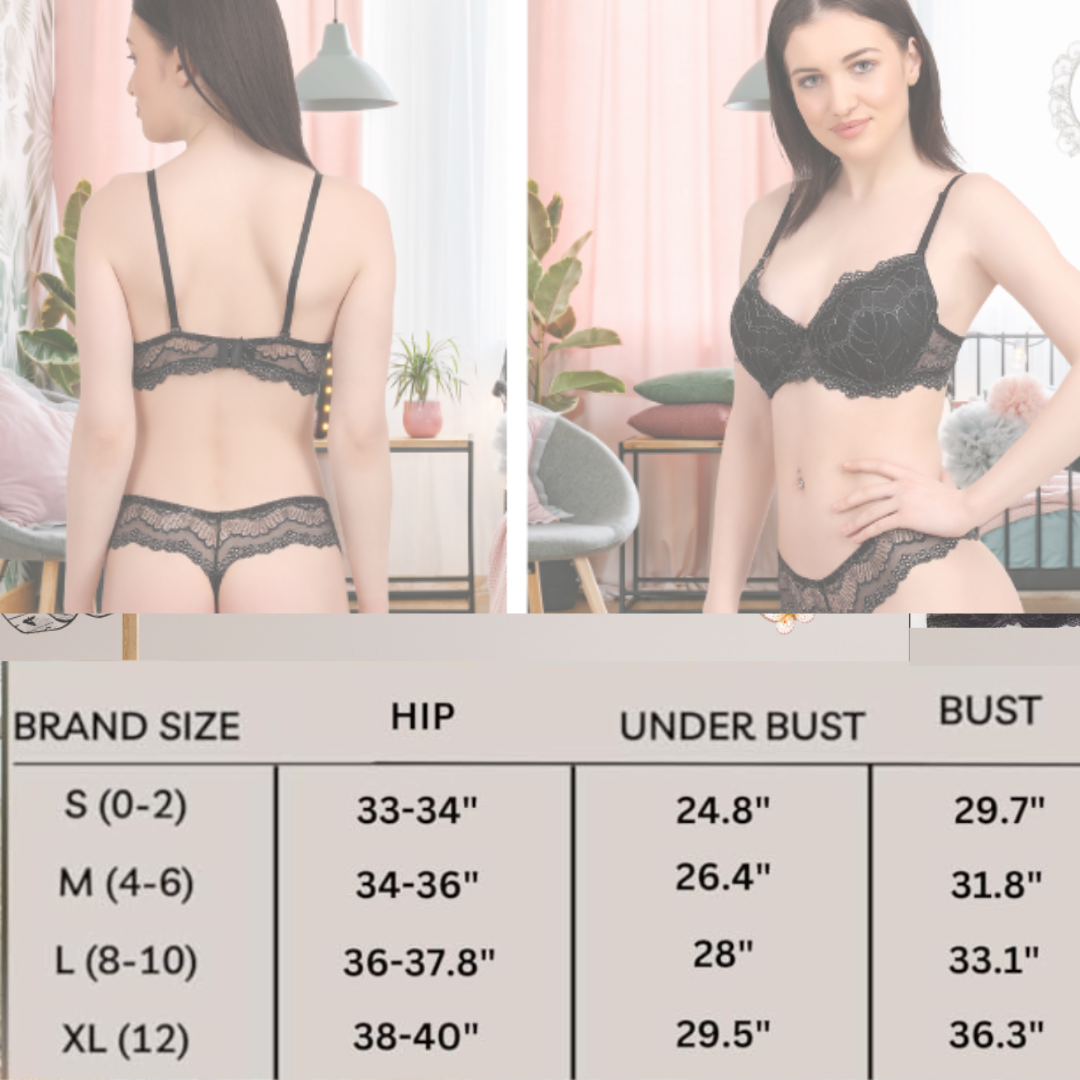 Pleasing Strings Women's Black with Silver Lace Embroidery Wired Pushup Bra & Panty Set