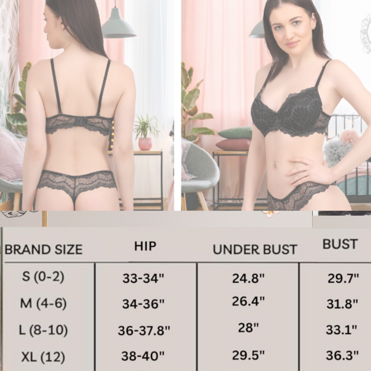 Pleasing Strings Women's Black with Silver Lace Embroidery Wired Pushup Bra & Panty Set