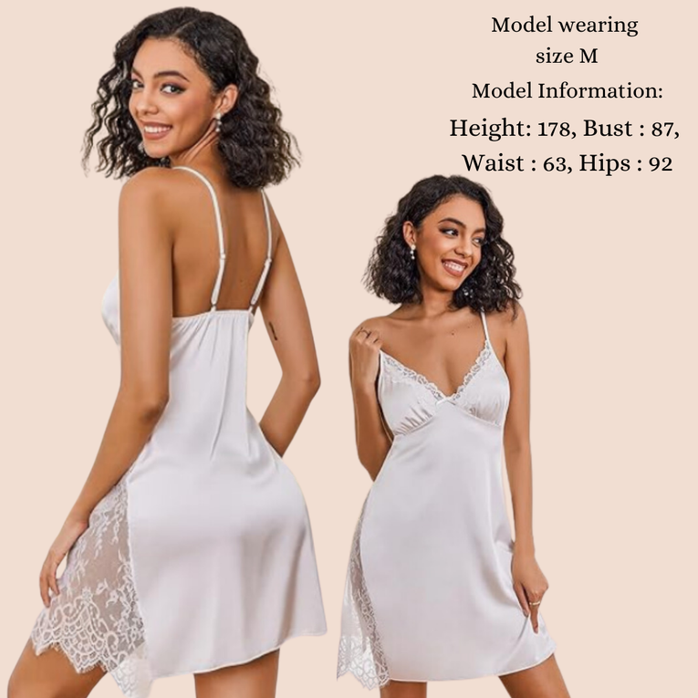 Pleasing Strings Women Satin Nightgown Side Lace Cami Night Dress