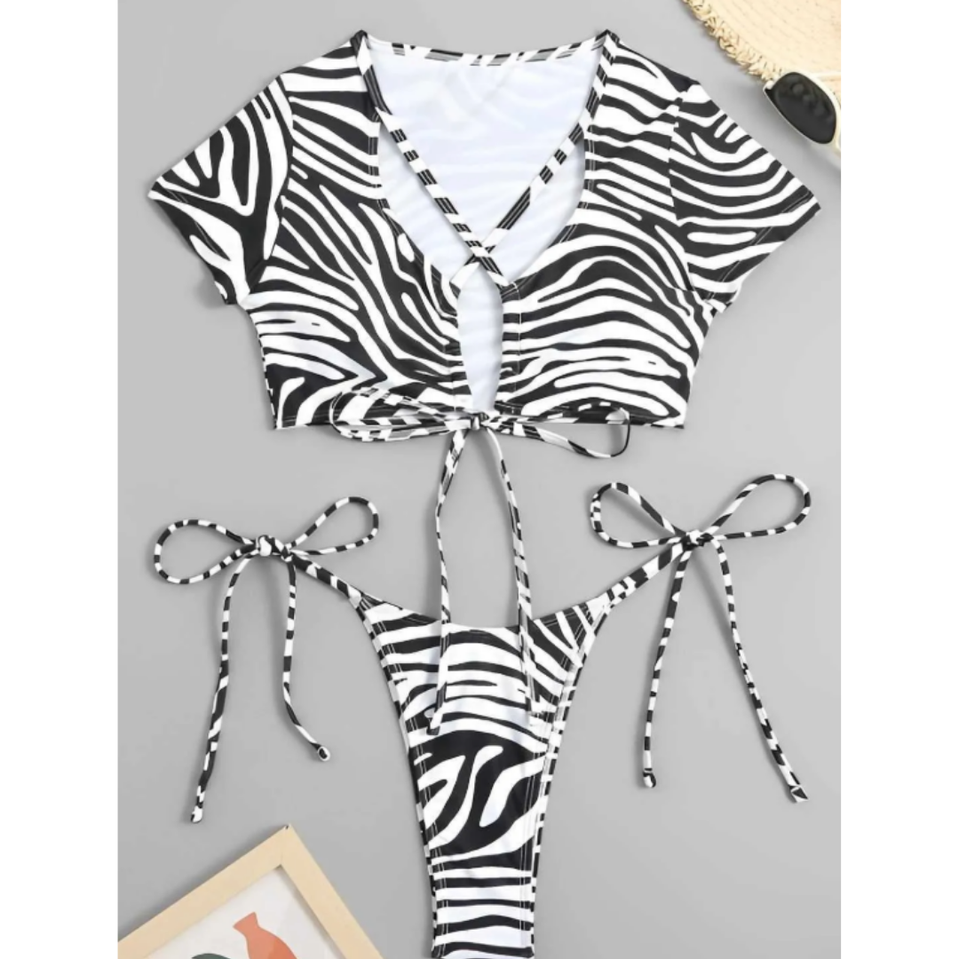 Pleasing Strings Zebra Stripe Side Tie Swimwear Bikini Set