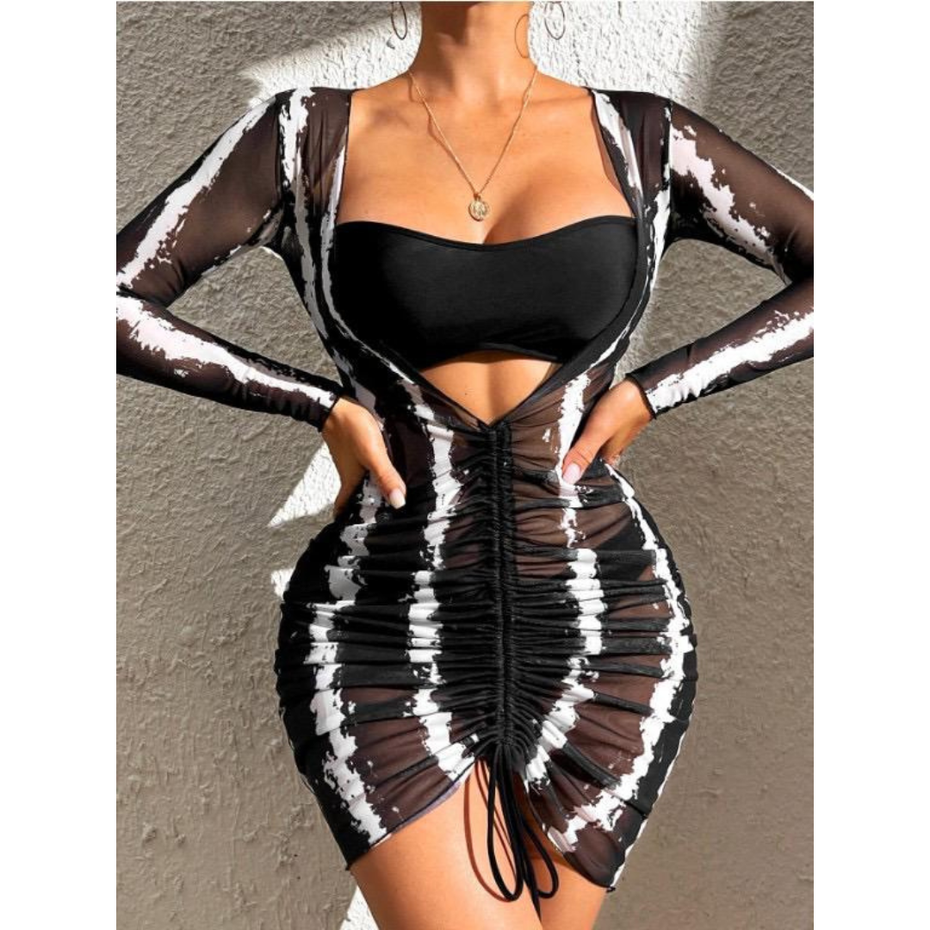 Women's 3 Piece Bikini Set Swimsuit: Off Shoulder Curvy Top, Bikini Bottoms with Beautiful Black Cover Up Bathing Suit