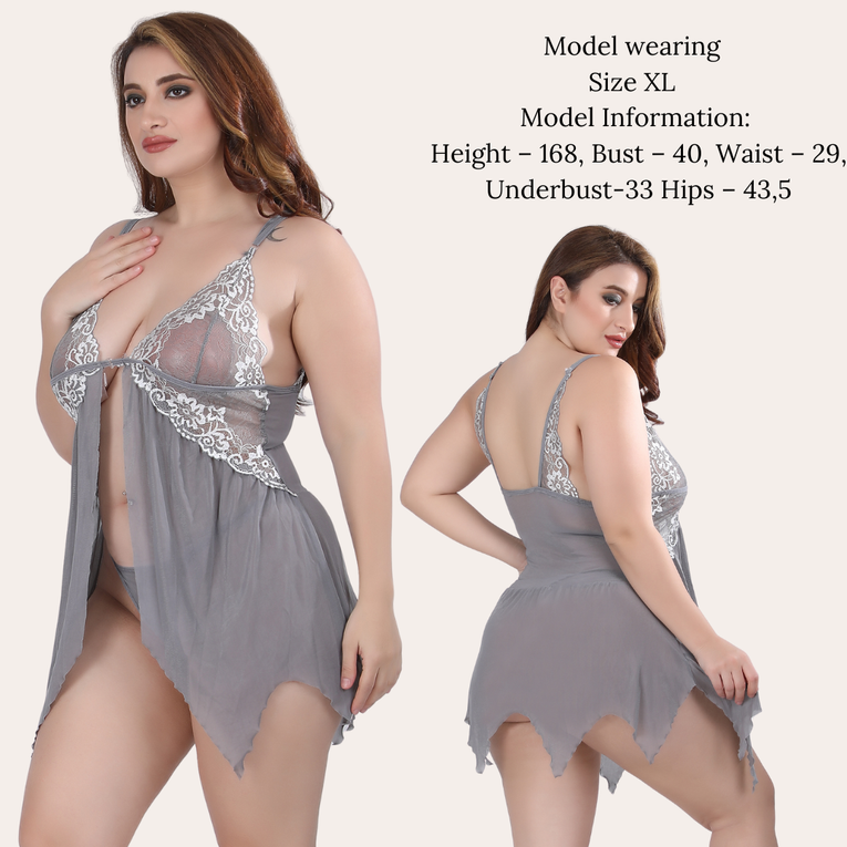 Pleasing Strings Women Lace Lingerie Front Closure Babydoll V Neck Chemise Nightwear
