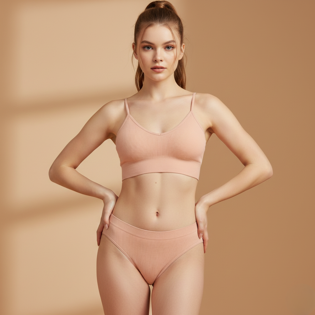 Pleasing Strings Women's Wireless Ribbed Knit Bra & Panty Set