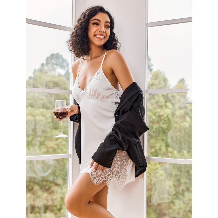 Pleasing Strings Women Satin Nightgown Side Lace Cami Night Dress