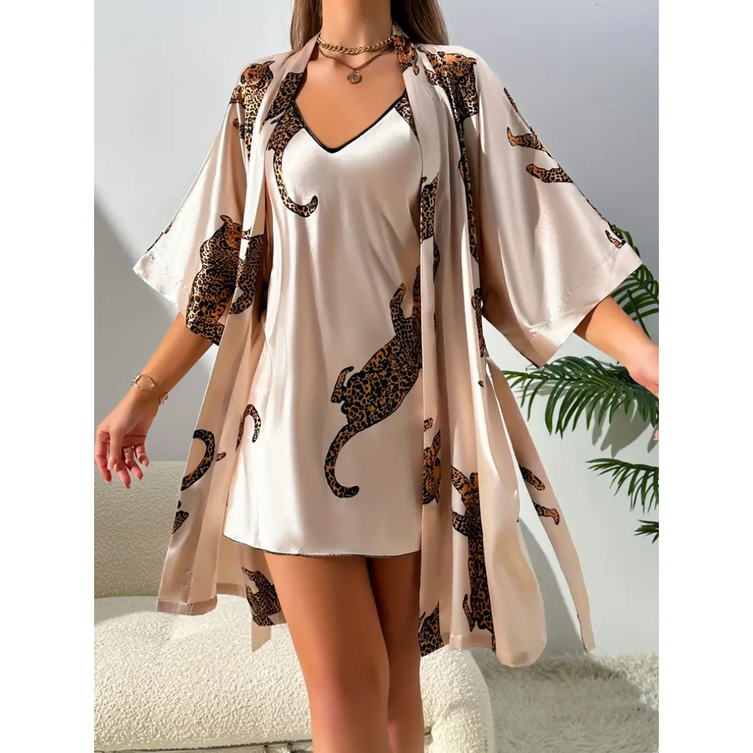 Pleasing Strings Women Silk Satin Leopard Print Short Gown Robe Set