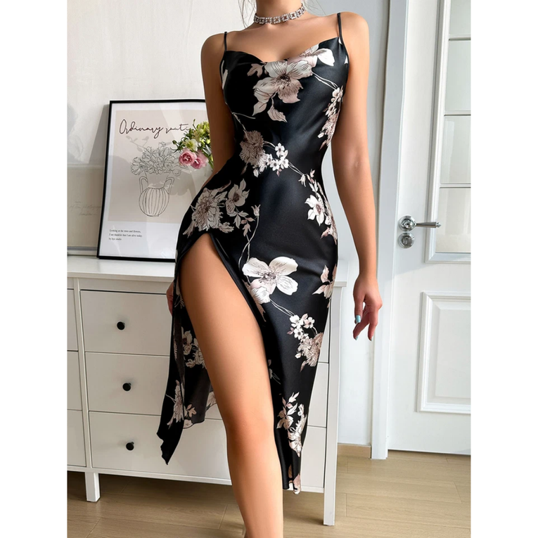 Pleasing Strings Women's Silk Satin Cowl Neck Split Thigh Dress Nightwear