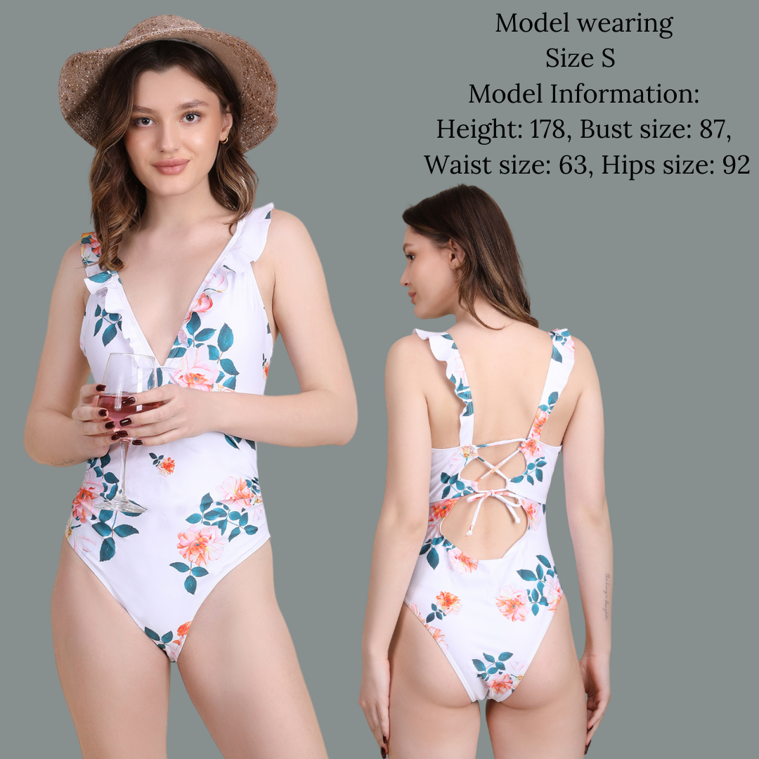Pleasing Strings Women's Ruffled One Piece Swimsuit V Neck Lace Up