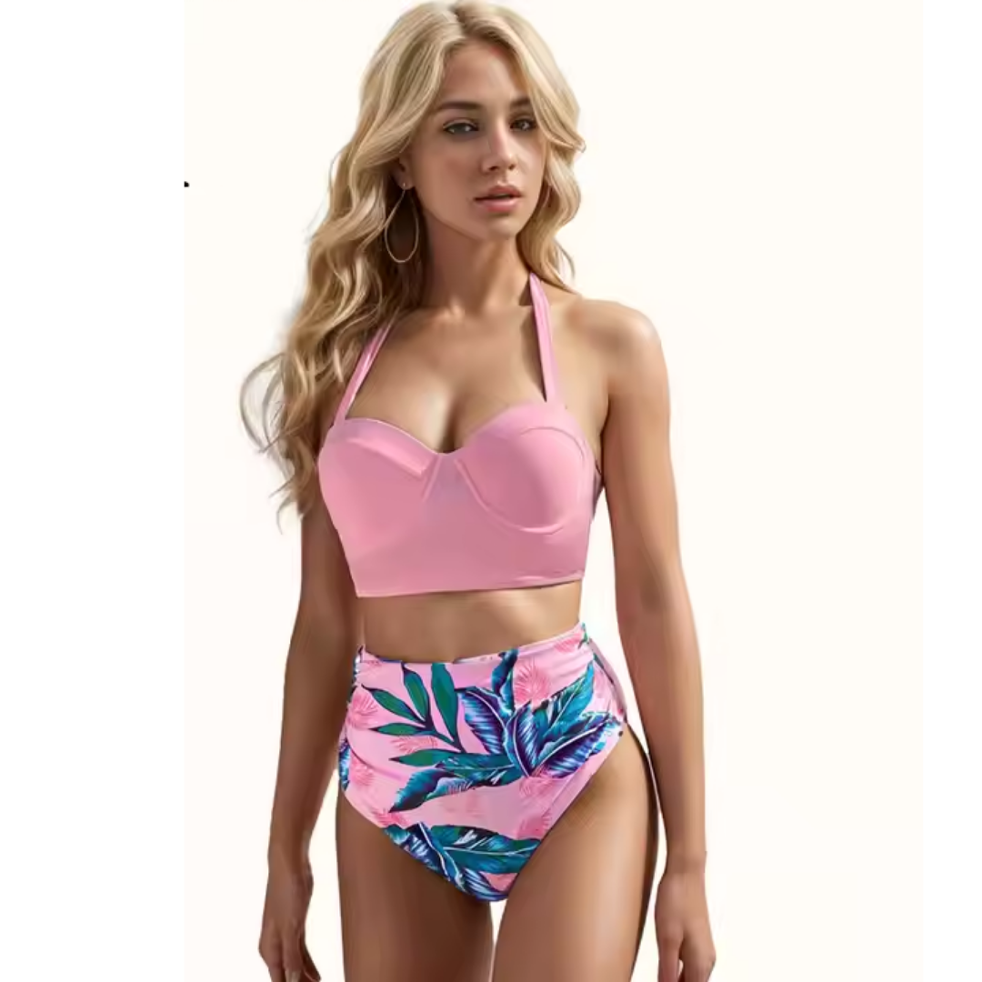 Pleasing Strings Women 2pcs Vintage Swimsuit Halter Neck with Ruched High Waist Bottom