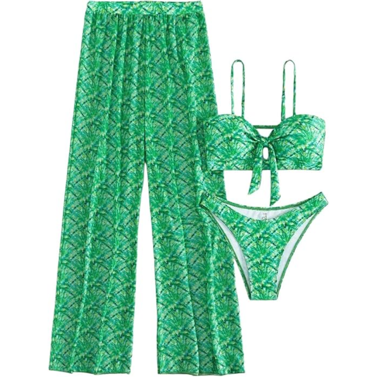Women's 3 Piece Tropical Print Cami Bikini Swimsuit with Cover Up Pants