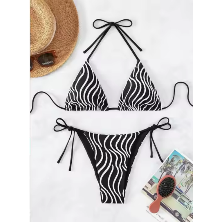 Pleasing Strings Women 2pc Zebra Striped Halter Triangle Side Tie Bikini Set