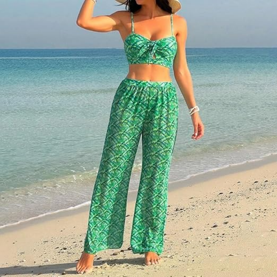 Women's 3 Piece Tropical Print Cami Bikini Swimsuit with Cover Up Pants