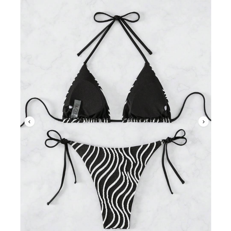 Pleasing Strings Women 2pc Zebra Striped Halter Triangle Side Tie Bikini Set