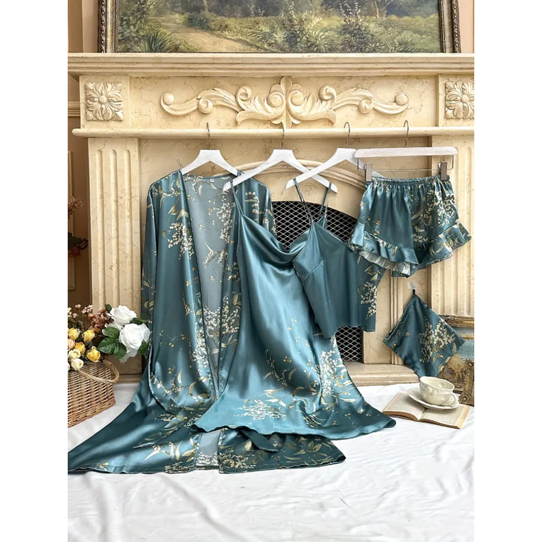 Pleasing Strings Women 5pcs Elegant Floral Print Nightgown Set