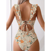 Pleasing Strings Women's Ruffled One Piece Swimsuit V Neck Lace Up