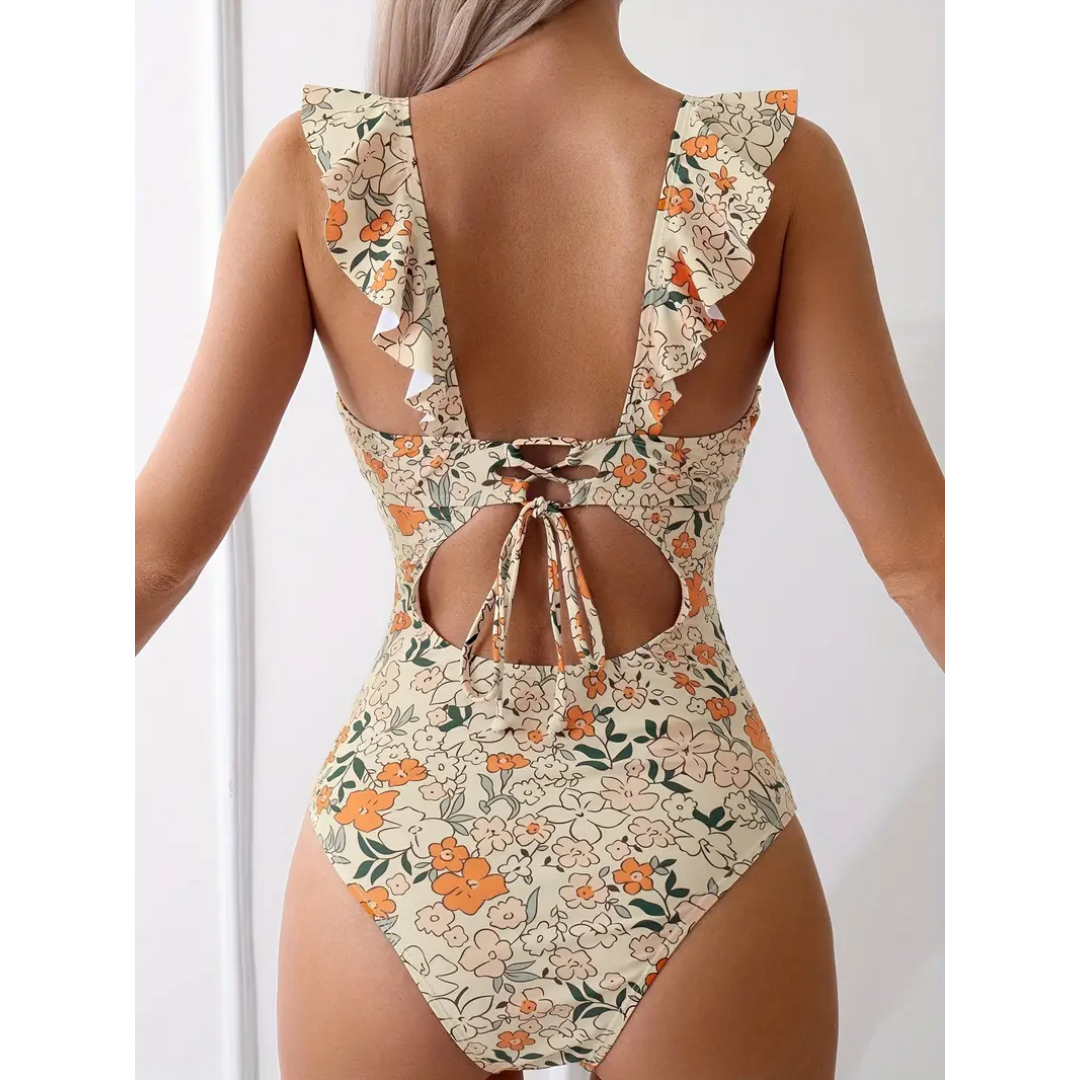 Pleasing Strings Women's Ruffled One Piece Swimsuit V Neck Lace Up